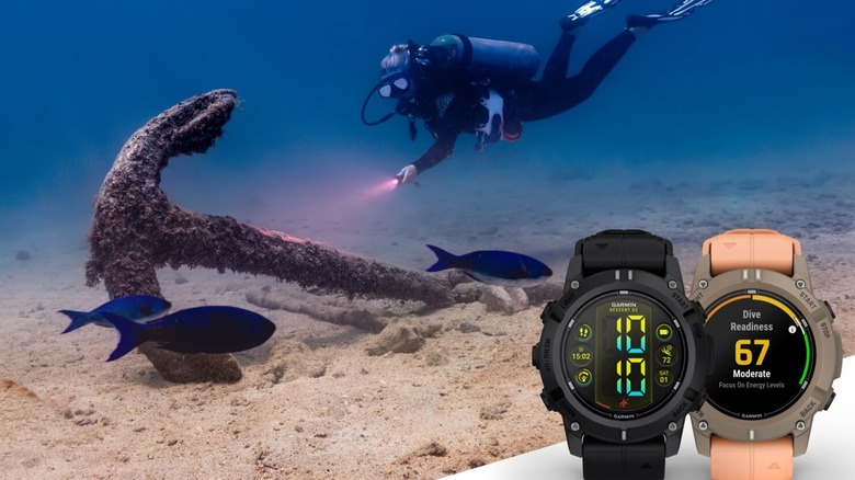 A person scuba diving with two Garmin Descent 2 smartwatches in the bottom right corner