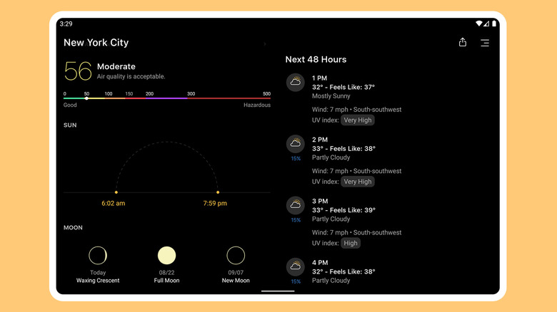 Screenshot of Today Weather Android app with dark theme on yellow background