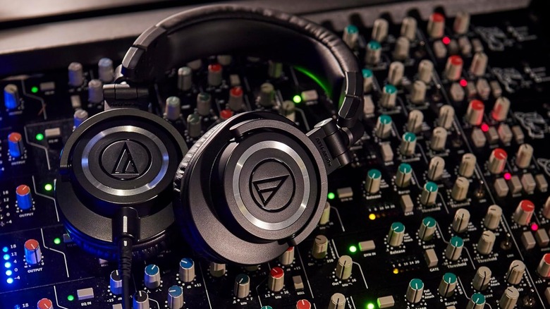 Audio-Technica ATH-M50x kept on an audio mixing console.
