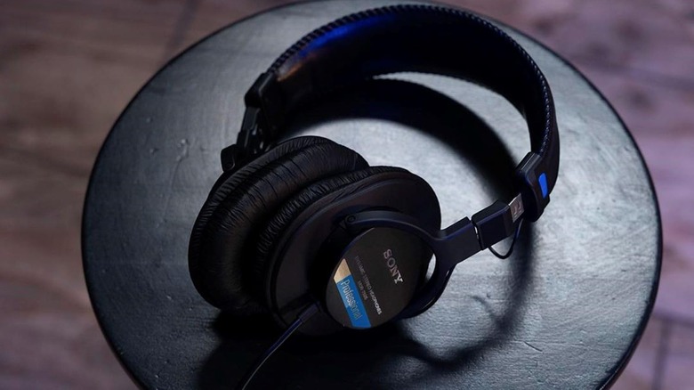 Sony MDR7506 resting on a black table.