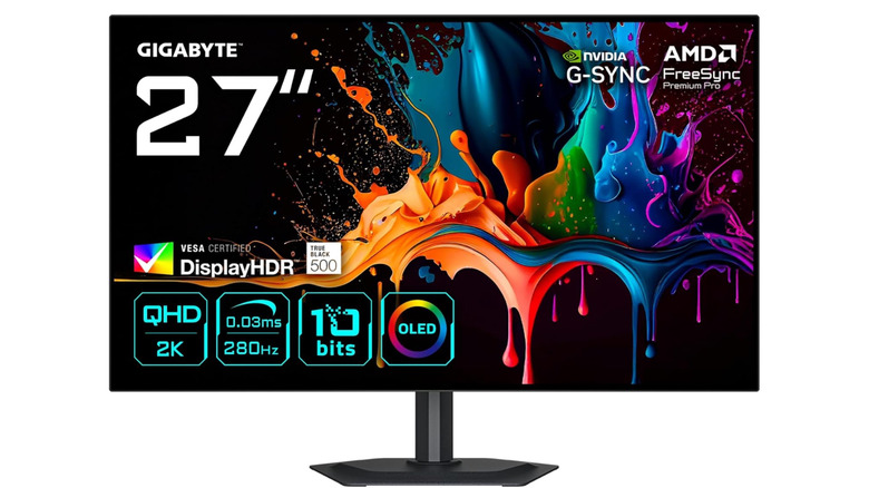 The Gigabyte M027Q28G, a 1440p/280Hz gaming monitor, with a white background