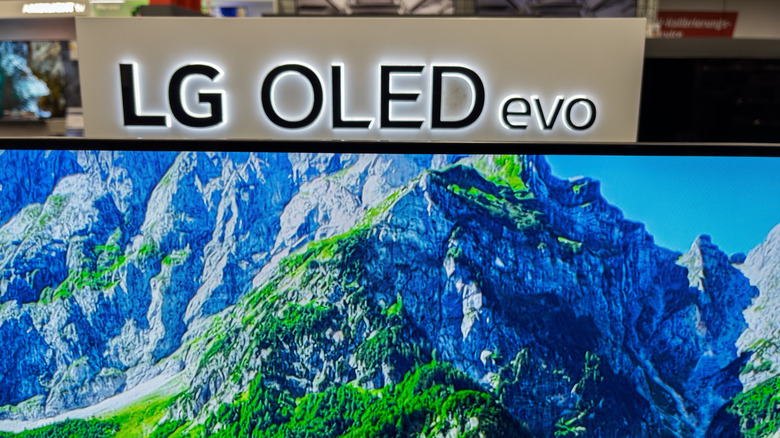 A close-up of an LG OLED evo display at a retail outlet.