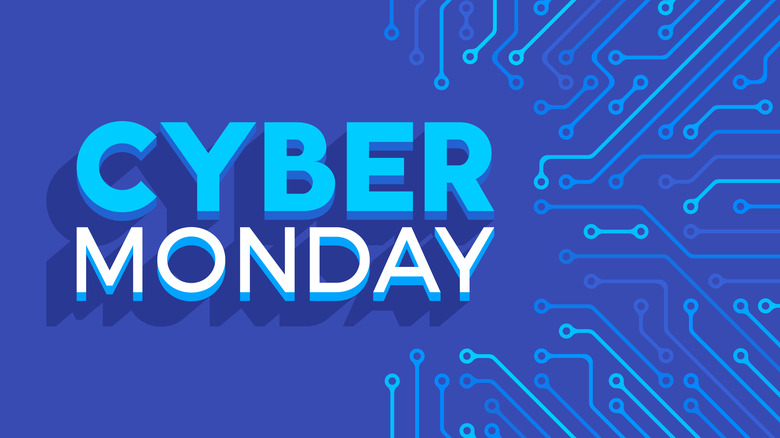 blue graphic with text showing Cyber Monday