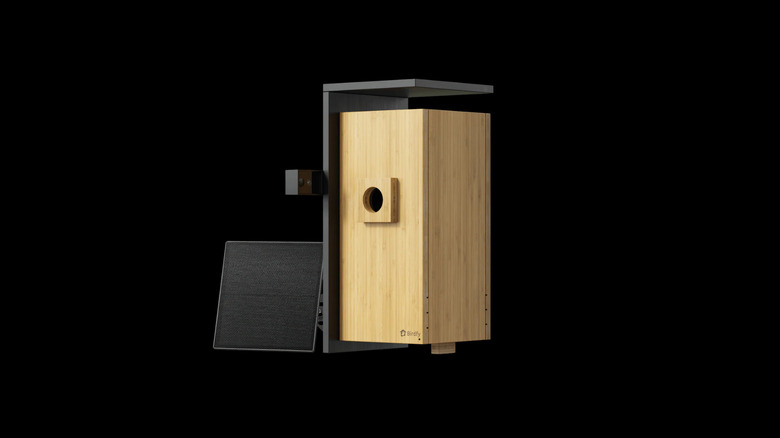 Birdfy Nest Duo smart birdhouse with wooden design in a black background.