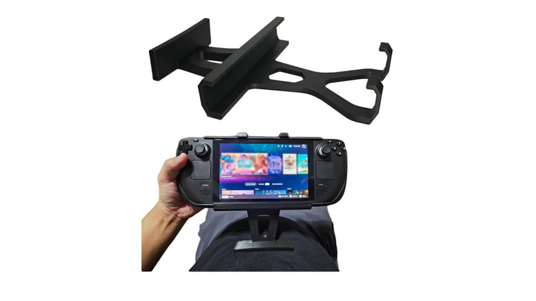 A Steam Deck mount displayed alone and when mounted to device