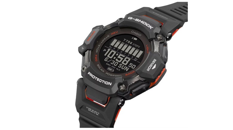 Casio G-Shock rugged digital watch with solar-powered sensor features shown on a white background.