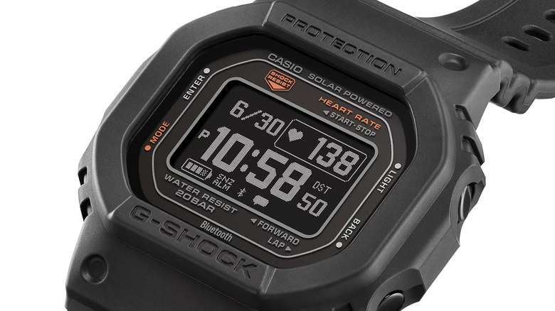 Casio G-Shock digital watch shown in close-up with eart rate features.