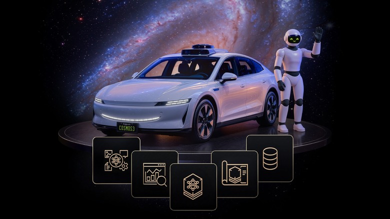 Artistic rendition of Nvidia Cosmos 3 physical ai model with robots and autonomous cars