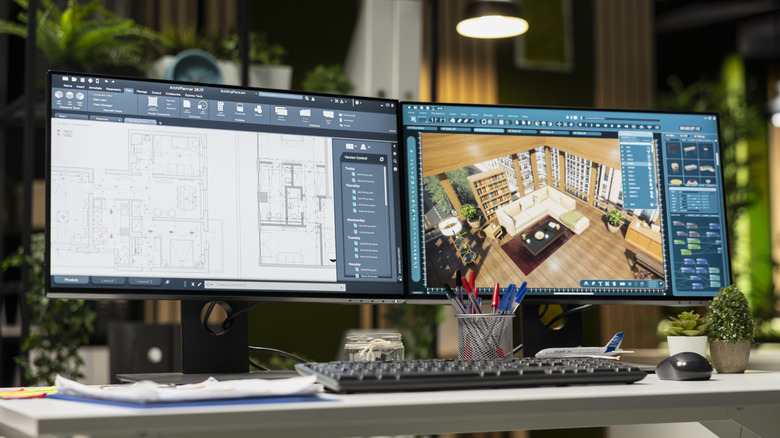 Dual monitors in a modern office setting. Both are showing architectural images.