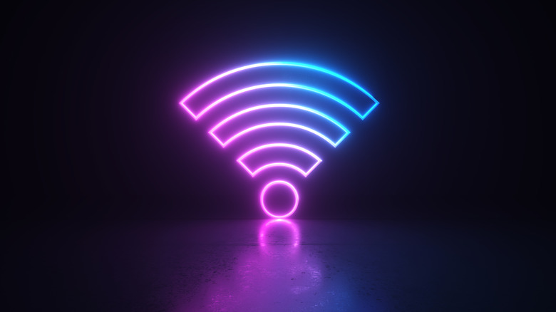 Neon WiFi icon on dark background