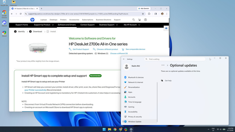 HP printer driver webpage in Google Chrome and Windows update in Settings open on a Windows 11 PC