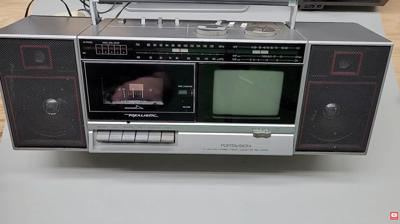 A RadioShack Realistic Portavision TV Boombox featuring a built in cassette recorder, 4.5-inch TV, and radio