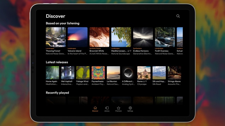 A screenshot showing the Discover page of the MyNoise tablet app
