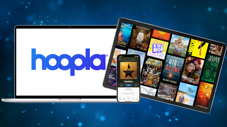 Hoopla digital library app shown across a laptop, tablet, and smartphone.