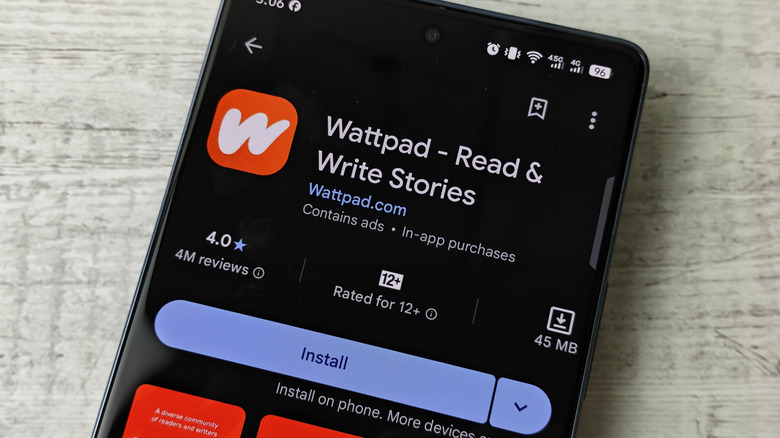 Wattpad app listing shown on a smartphone screen.