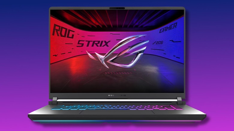 ASUS ROG Strix G16 on a purple gradient background