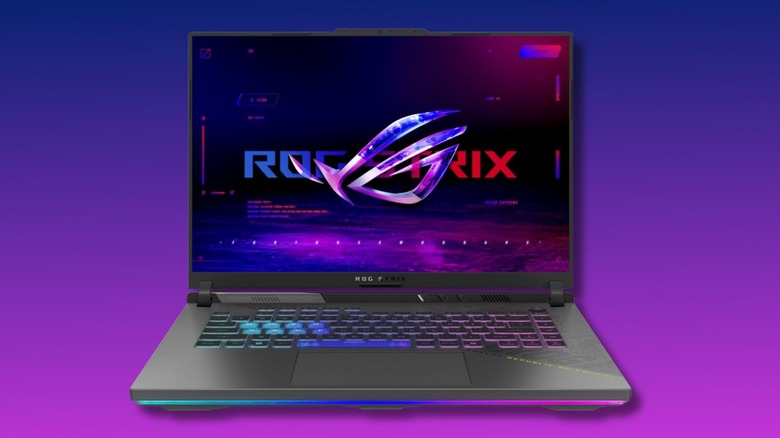 ASUS ROG Strix G16 G614 on a purple gradient background