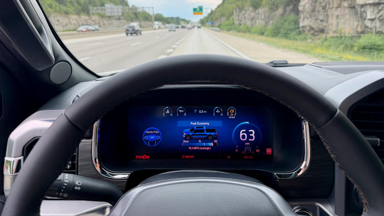 Ford dashboard showing BlueCruise driver assistance information while driving on a highway.