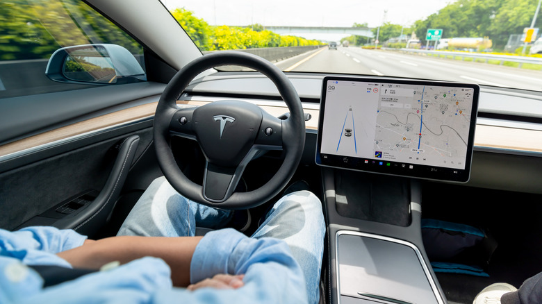 Tesla driving on a highway with the center screen showing navigation and driver assistance visuals.