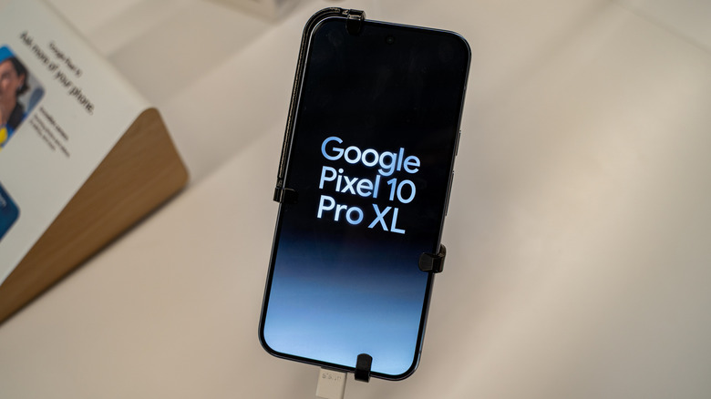 Google Pixel 10 Pro XL displayed on a store stand.