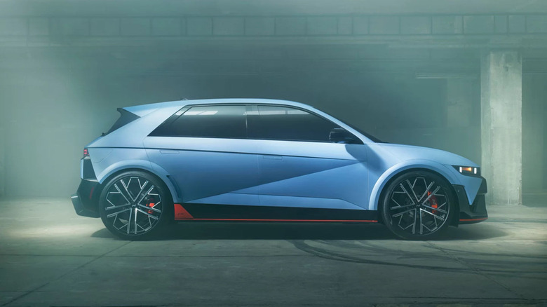 A Hyundai Ioniq 5 N on display in a parking garage