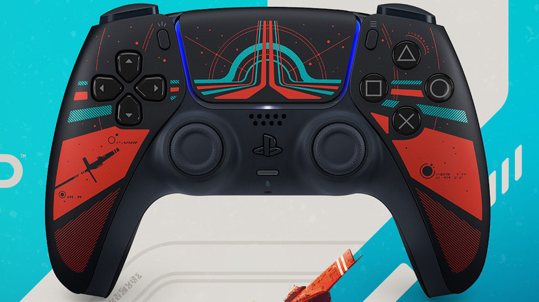 Concord Limited Edition DualSense controller with retrofuturistic design and bold red and teal accents.