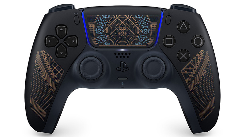Final Fantasy XVI DualSense controller with black finish and intricate gold and blue crystal design.