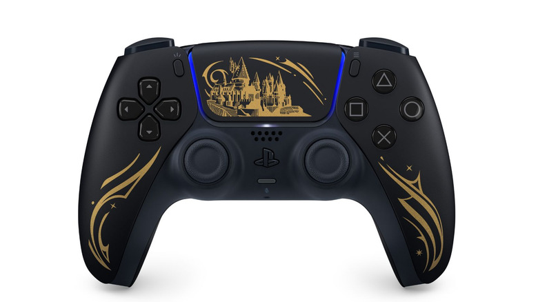 Hogwarts Legacy Limited Edition DualSense controller with black and gold wizarding design.