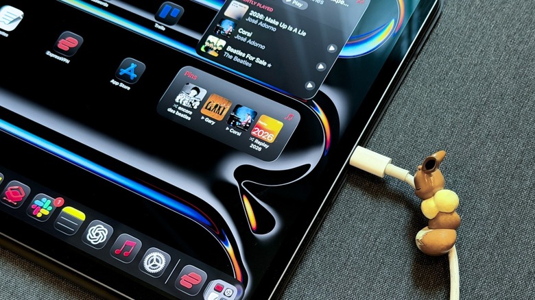 Close-up shot of an iPad being charged with a USB-C cable