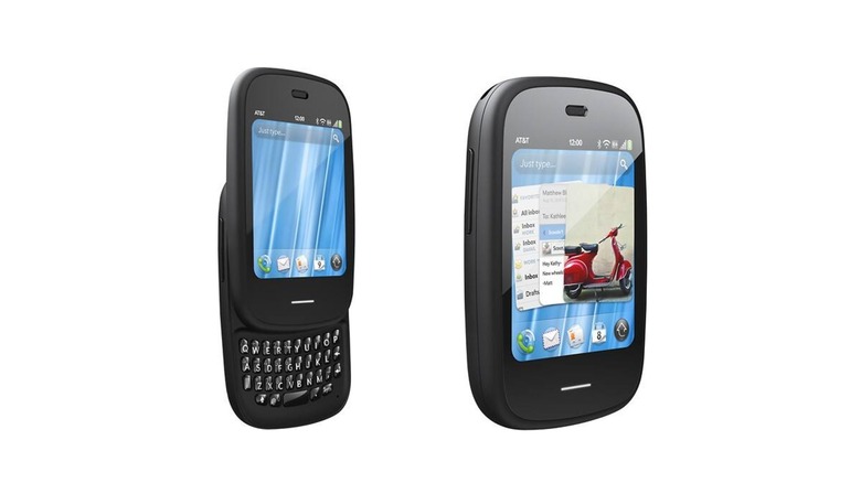 Two different images of a black HP Veer 4G, one shows the sliding keyboard, whereas the other shows the device closed, but both show the webOS UI
