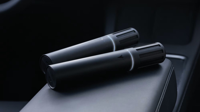 Two Tesla CaraokeMics on a vehicle console
