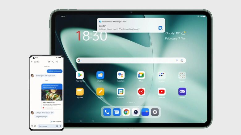 OnePlus Pad tablet with home screen shown next to smartphone displaying synced messages