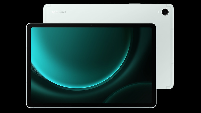 Samsung Galaxy Tab S9 FE tablet shown from front and back with display on