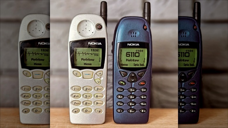 Two Nokia 6110s standing up side-by-side.