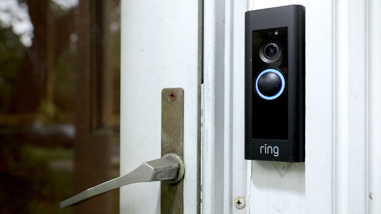 A Ring video doorbell installed outside a home's front door