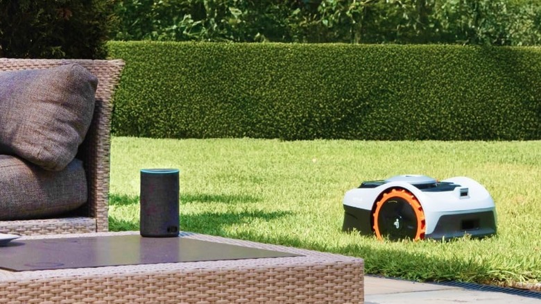 The Segway Navimow i105N Robot Lawn Mower placed on a grassy lawn, next to an outdoor table with an Amazon Echo speaker on it.