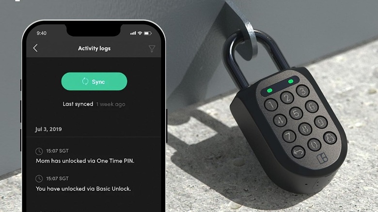 The igloohome Smart Padlock 2 connected and paired to a phone showing its activity log.