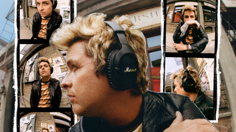 Billie Joe Armstrong wearing the Marshall Monitor III headphones surrounded by photo strips of him in other poses.