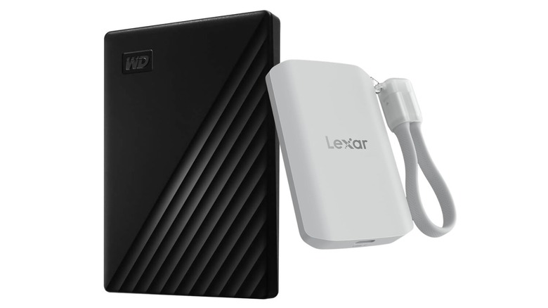 WD 1TB My Passport (Left) and Lexar 1TB ES5 Magnetic External SSD (Right) on a white background