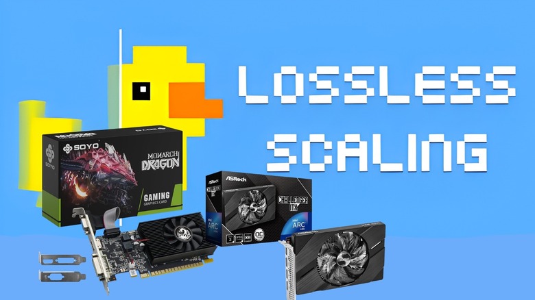 Lossless Scaling logo background with GeForce GT 740 and Intel Arc A380 GPUs in the bottom left corner
