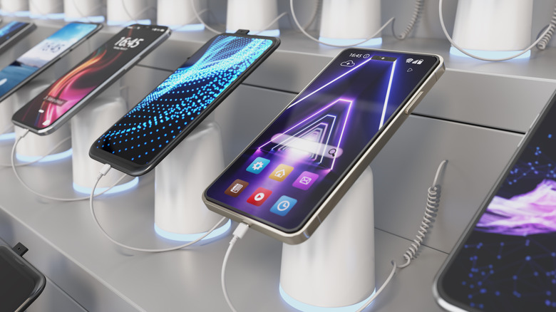 Phones on display for sale.