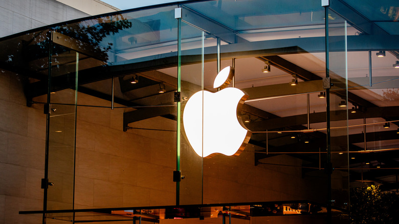 apple logo in window of apple store