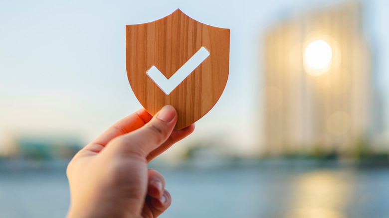 Someone holding a badge shaped like a warranty shield