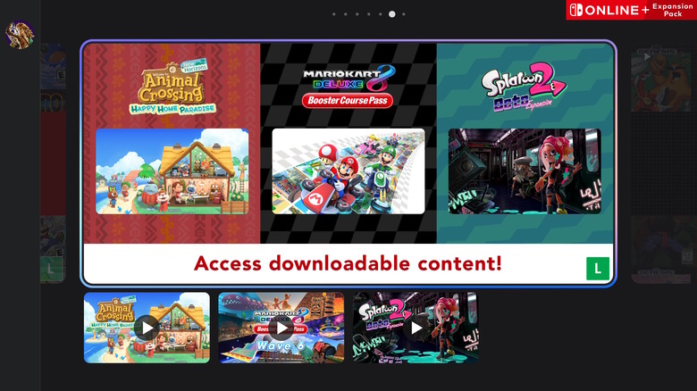Nintendo Switch Online Expansion Pack screen showing DLC access for Animal Crossing, Mario Kart 8 Deluxe, and Splatoon 2