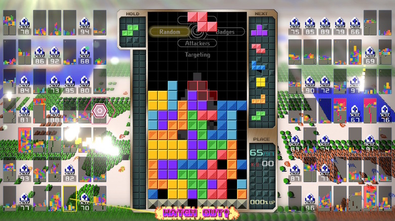 Tetris 99 match with crowded battle royale board and multiple opponents on Nintendo Switch