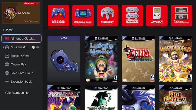 Nintendo Switch Online menu showing classic game libraries and Expansion Pack membership options
