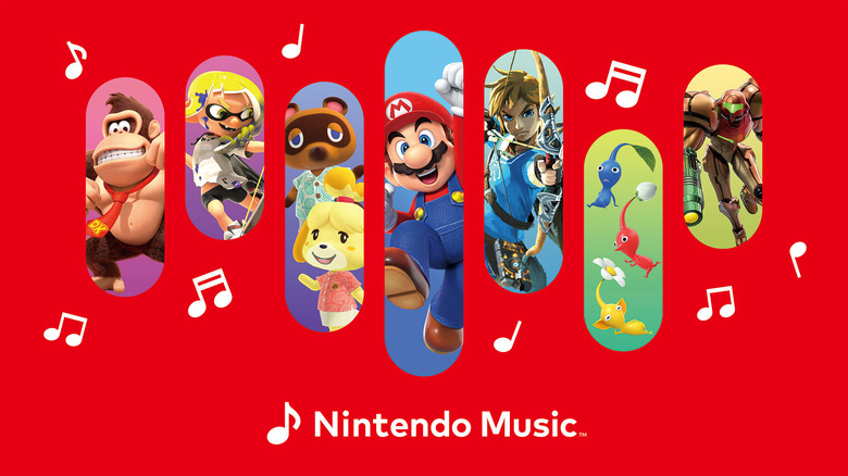 Nintendo Music promotional image featuring Mario, Link, Samus, Isabelle, and other Nintendo characters on red background