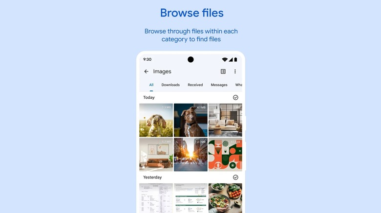Files by Google showing images tab with All, Downloads, Received, Messages, and more options on screen
