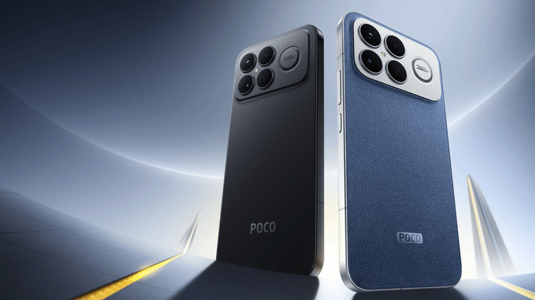 Two Xiaomi Poco F8 Ultra phones, one black and one blue, 3D rendered in front of a slate blue background.