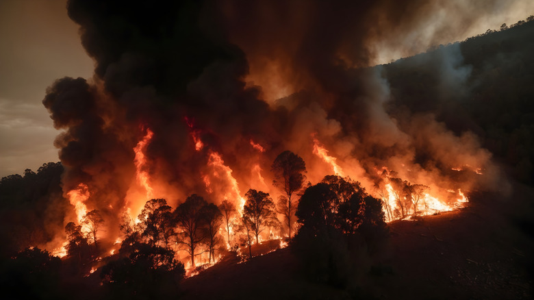 A wildfire producing smoke.